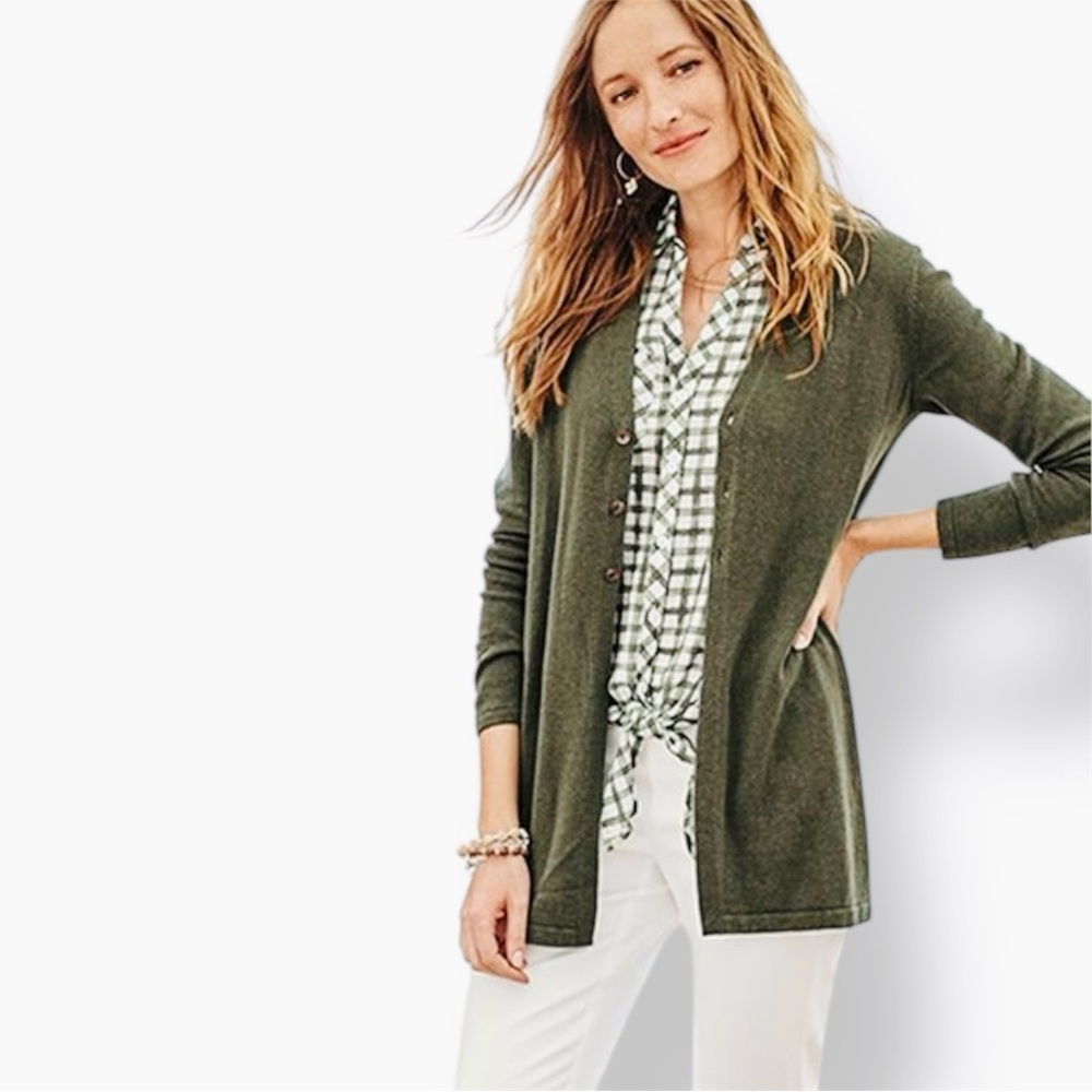 J. JILL Linen Blend Olive Green Cardigan Sweater w Gathered Back Waist